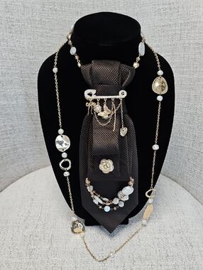 Embellished Brown Necktie Necklace with Matching Chain Necklace